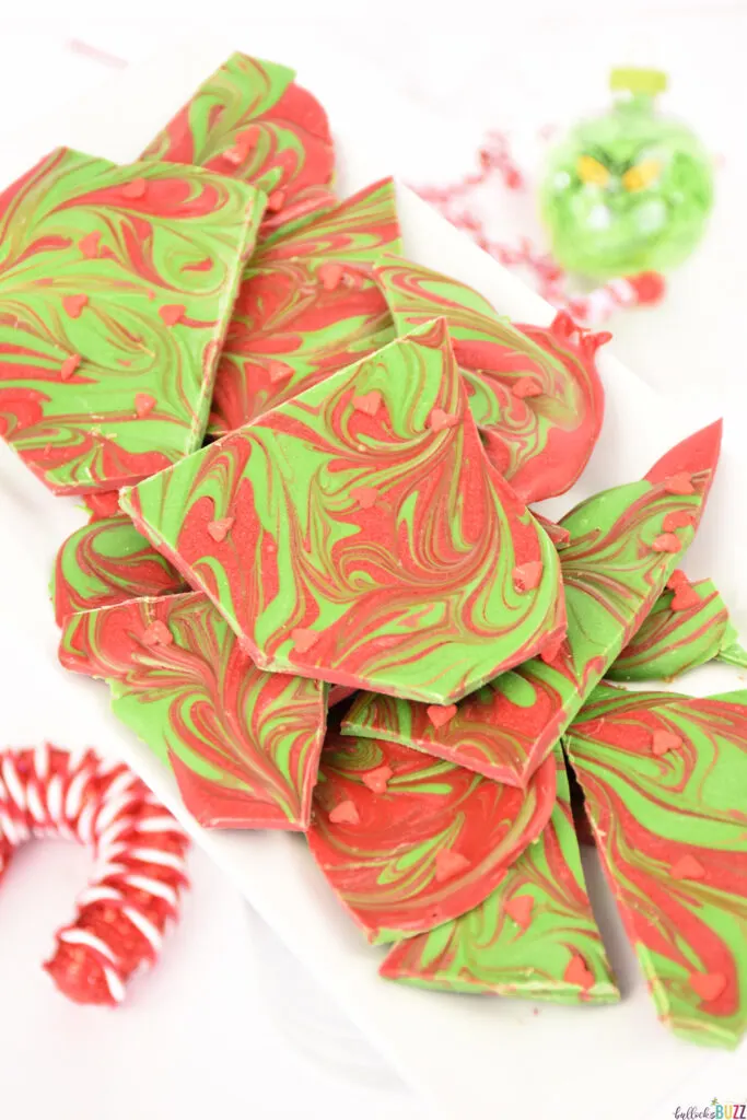 red and green candy bark with small red candy hearts