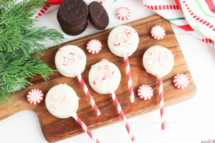 peppermint chocolate covered oreos on cutting board