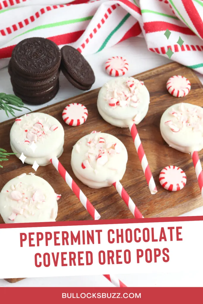 white chocolate covered Oreo pops topped with crushed peppermint candy