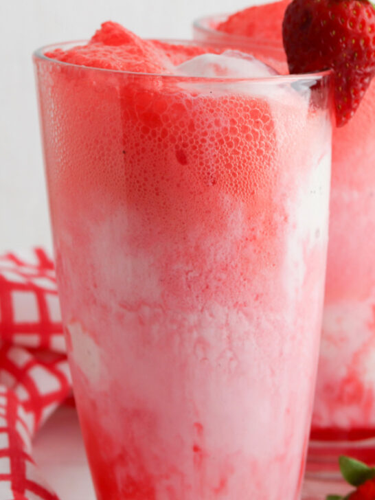 strawberry float in clear glasses
