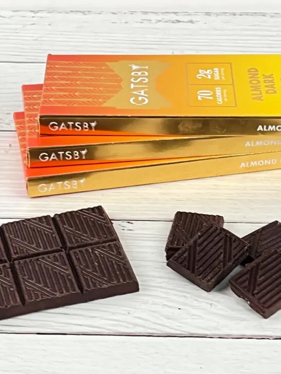 Gatsby Chocolate Bar in wrapper and out fo wrapper