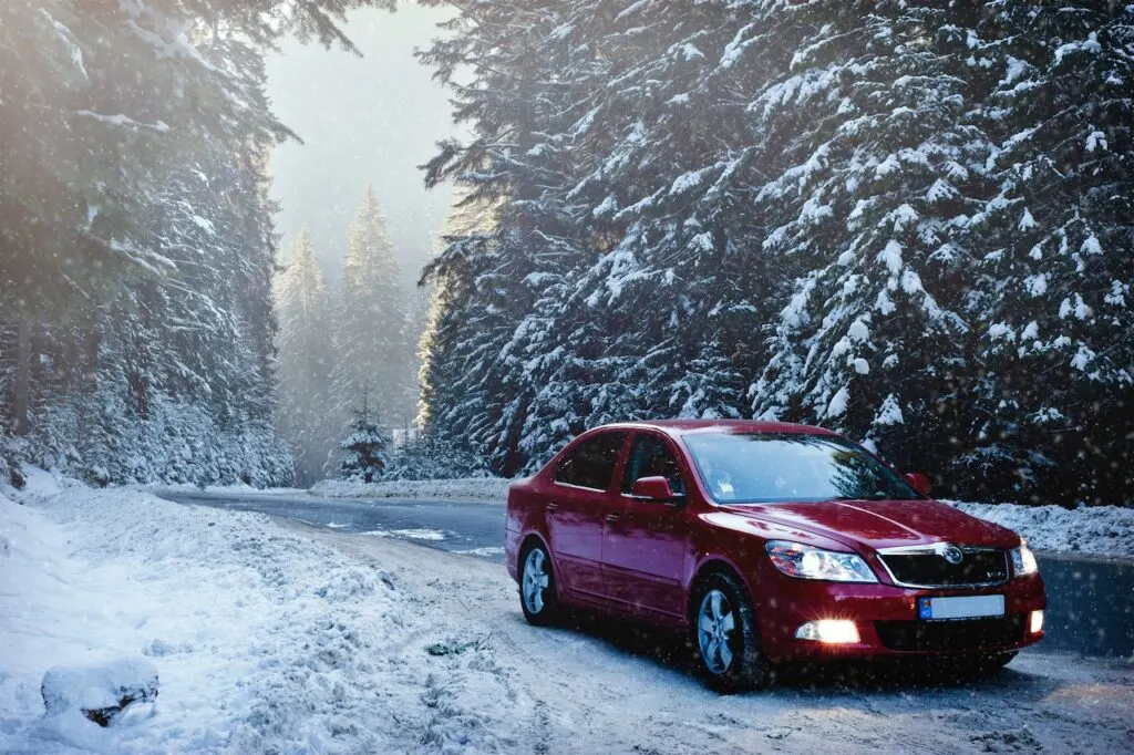 red sedan in snowy woods