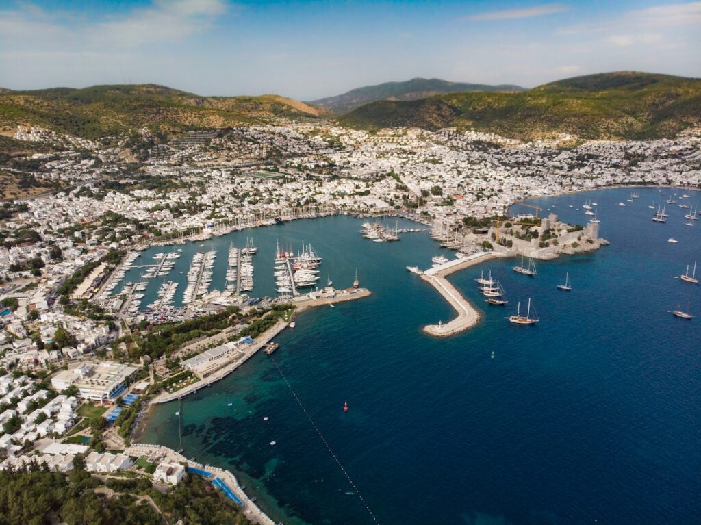 arial view of the coastal city and of housing in Bodrum Turkey