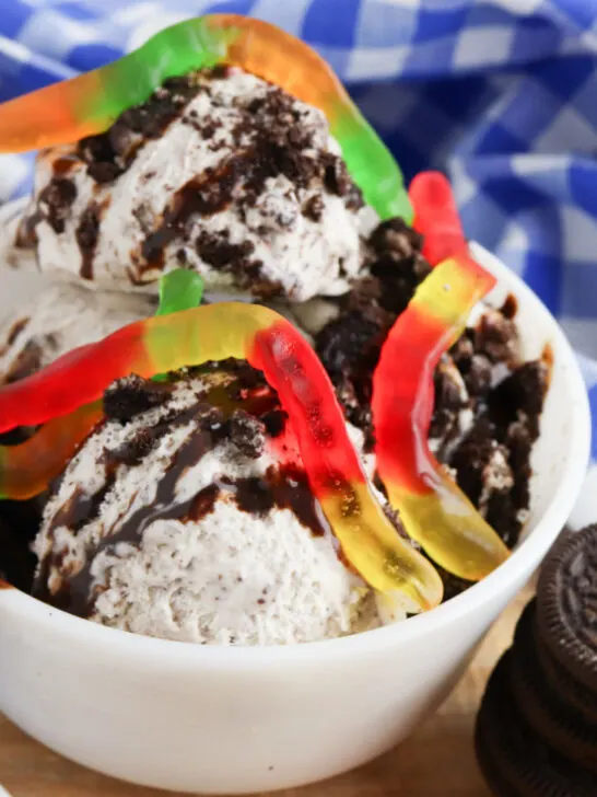 easy dirt and worms ice cream sundae recipe in a bowl on a blue and white checkered towel