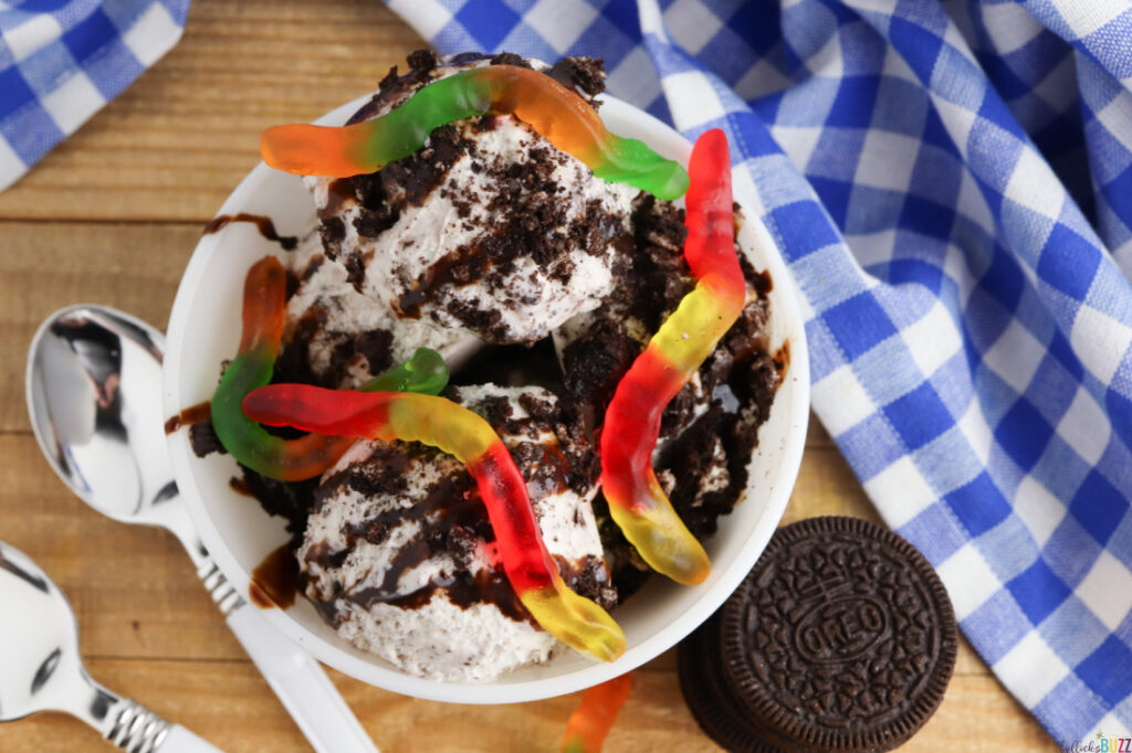 overhead image of a bowl filled with an ice cream sundae topped with crushed cookies, chocolate syrup, and gummy worms
