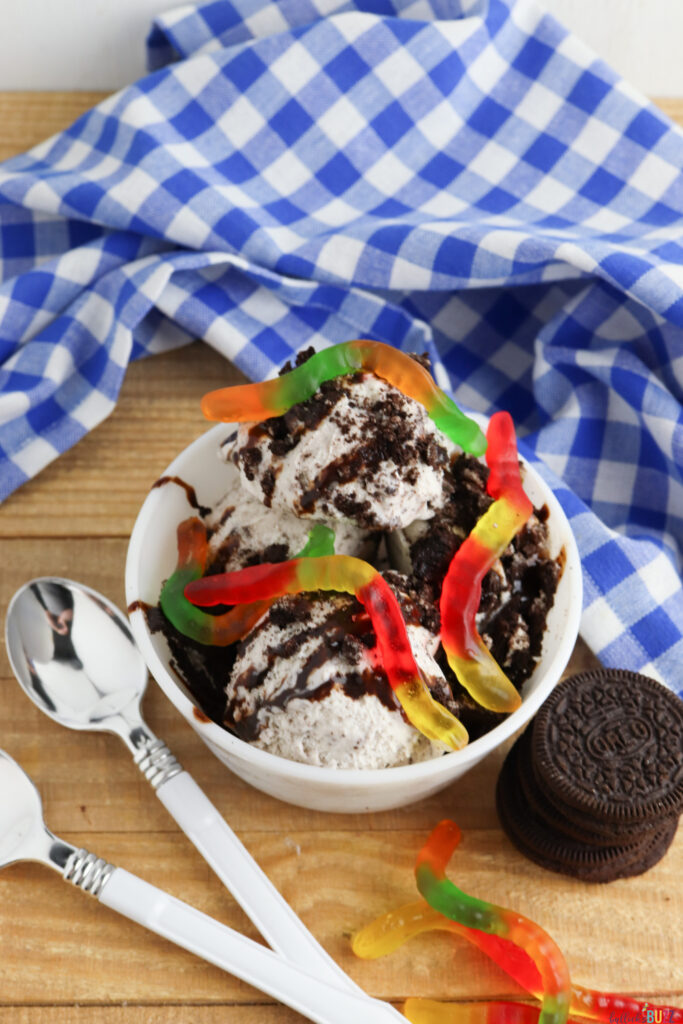 dirt and worms ice cream sundae in a white bowl next to a spoon