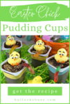 Several Pudding cups topped with crushed cookie "dirt", and gummy worm and adorable marshmallow chick sitting on a bed of green Easter grass.