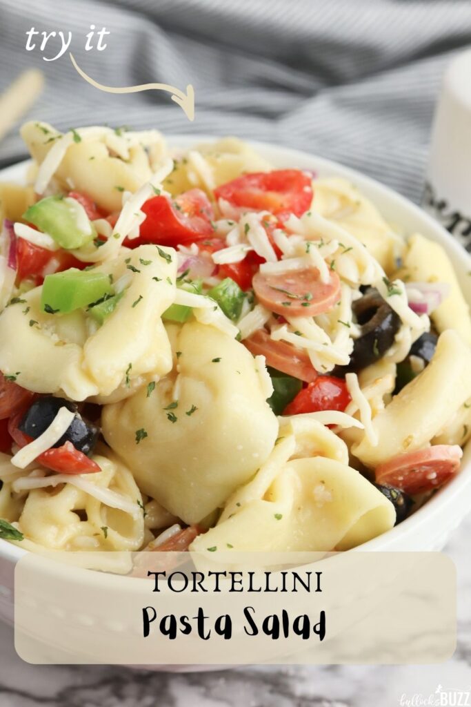 Tender cheese tortellini, fresh crunchy vegetables, and spicy mini pepperoni are tossed together in a zesty Italian dressing and then sprinkled with fresh parsley in this colorful and flavorful homemade Tortellini Pasta Salad recipe. 