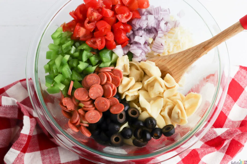 add in the fresh vegetables and mozarella to bowl of cooked pasta to make tortellini pasta salad