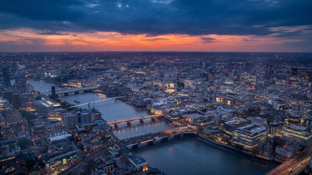 ariel view of London England at sunset