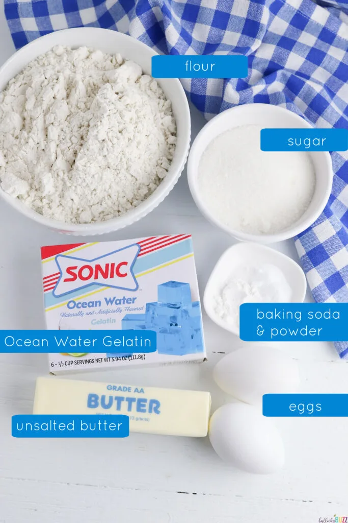 High-quality ingredients for Ocean Water Cookies: flour, baking powder, baking soda, Ocean Water gelatin, butter, sugar, and eggs.