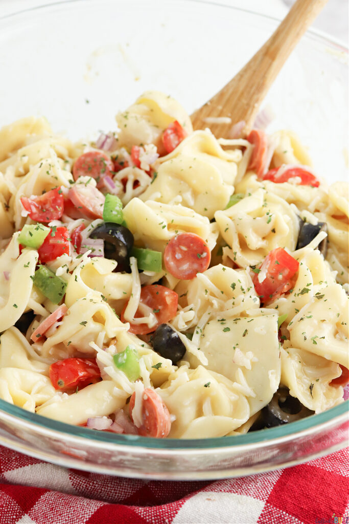 mix tortellini pasta salad ingredients well then chill for an hour
