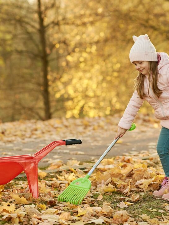girl playing with toy rake and wheelbarrow getting involved in yardwork for the fall