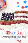 fresh fruit including blueberries, strawberries, cherries and white yogurt covered pretzels are arranged to look like the American flag in this patriotic dessert idea, American Flag Fruit Tray