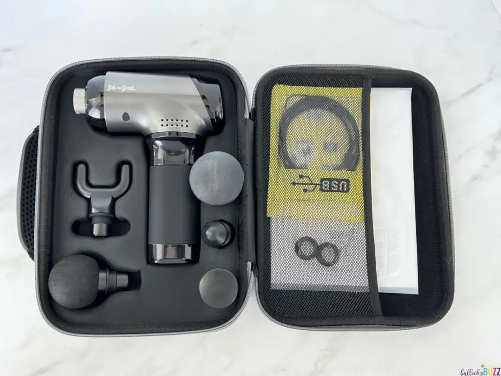 Bob and Brad's T2 massage gun in carrying case with manual and charging cord