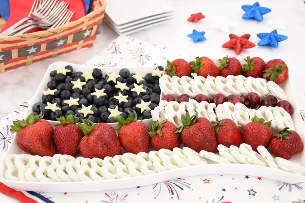 4th of July fruit tray idea with fresh fruit forming the American flag