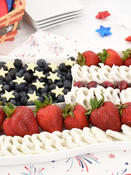 4th of July fruit tray idea with fresh fruit forming the American flag