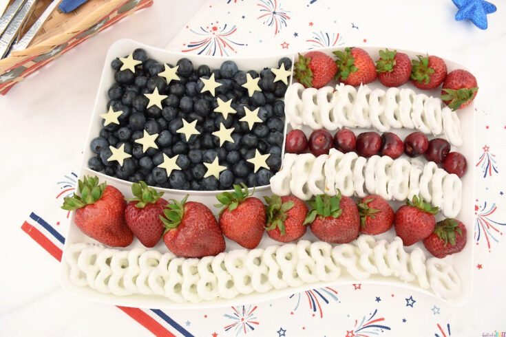 overhead image of fruits made to look like American Flag for 4th of July fruit tray idea