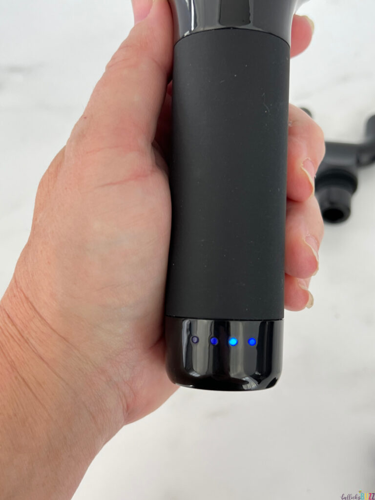 battery indicator lights on handle of Bob and Brad's T2 Massage Gun