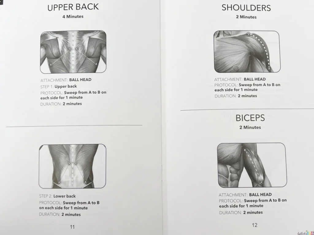 image from massage gun manual illustrating muscle groups and what motions to use while massaging