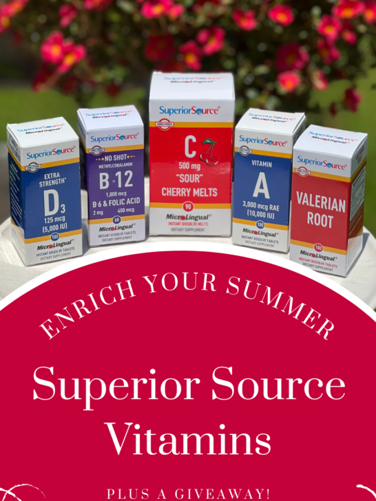 superior source vitamins still in boxes on a tray in front of flowers