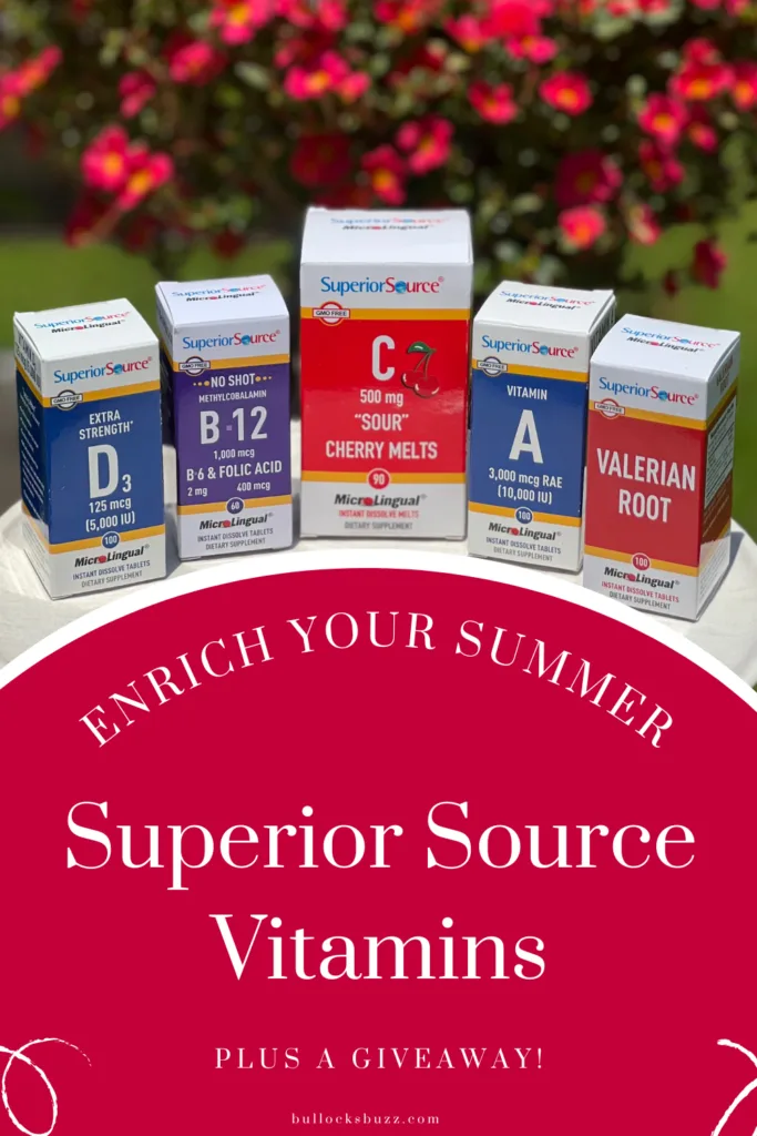 superior source vitamins still in their boxes sitting on a tray in front of flowers