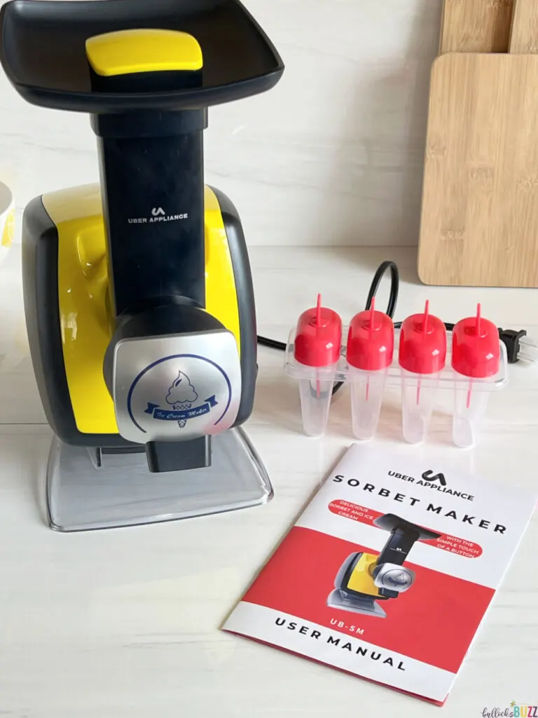 everything that comes with the Uber Appliance Sorbet Maker including user manual and popsicle molds