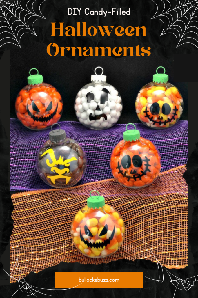 A group of cute DIY Halloween Candy Ornaments on a orange and purple background,