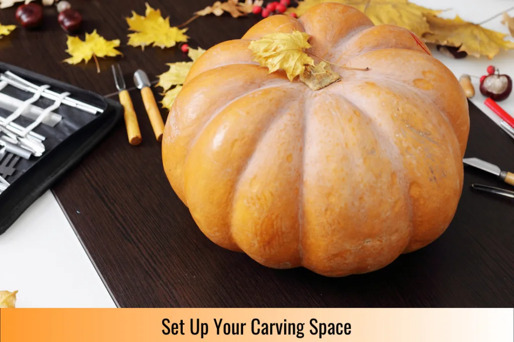 space set up for carving a pumpkin with a tarp and tools