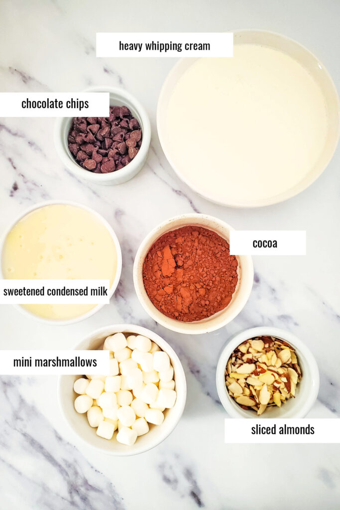 bowls of ingredients needed to make Rocky Road ice cream 