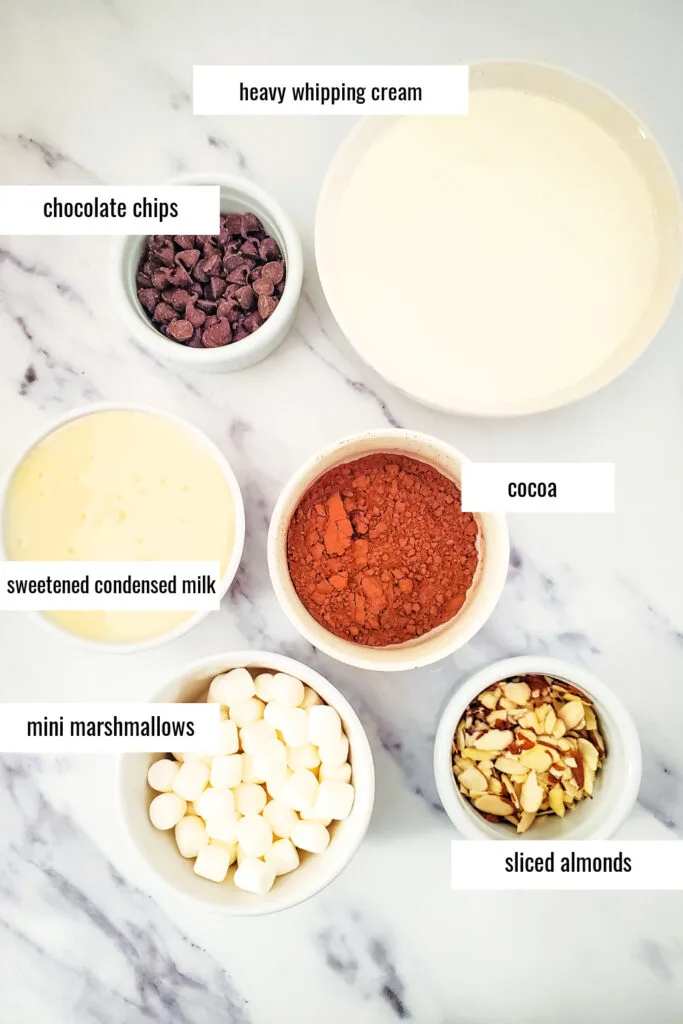 bowls of ingredients needed to make Rocky Road ice cream 