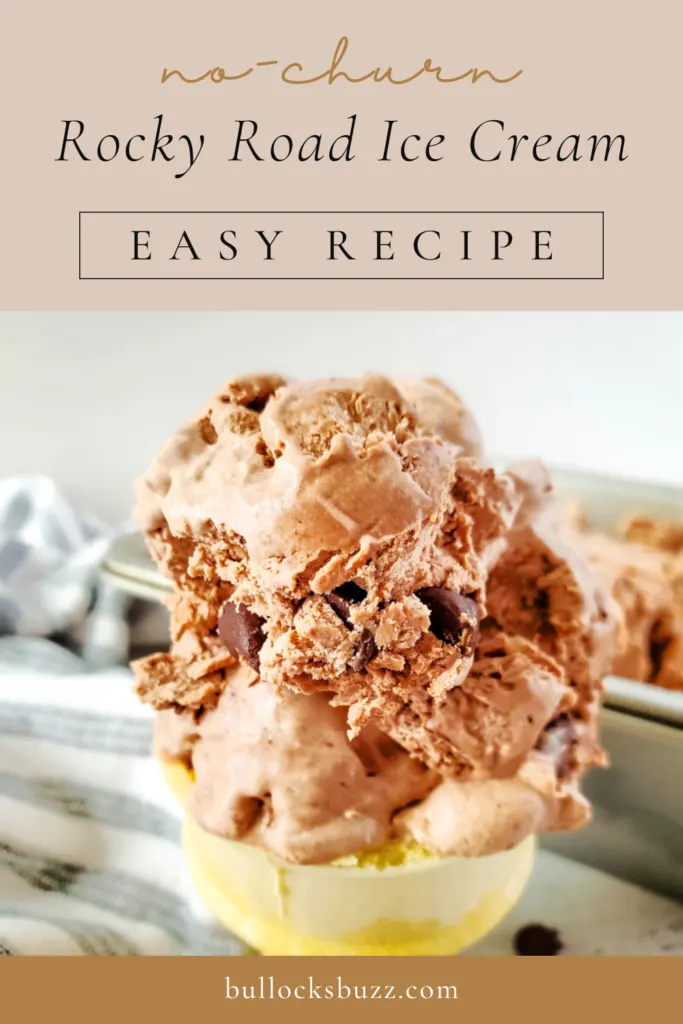 close up of no churn rocky road ice cream on a cone