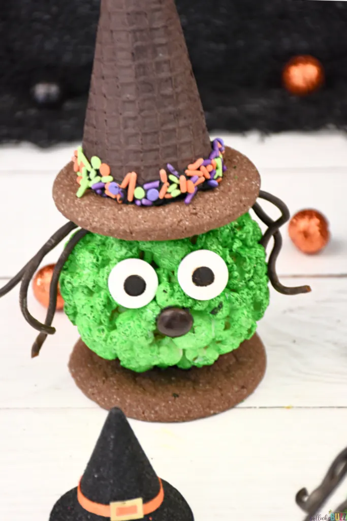 Close up of finished Halloween Popcorn Ball Witch