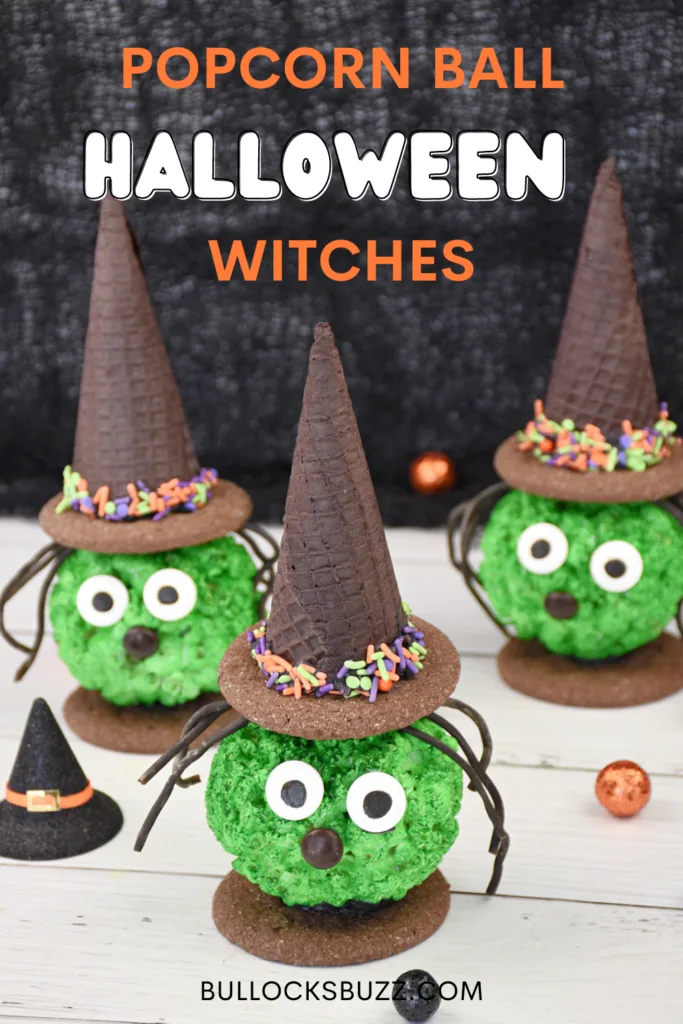 Three Halloween Popcorn Ball Witches treats made of green-colored popcorn balls, cookies, ice cream cones and candy.