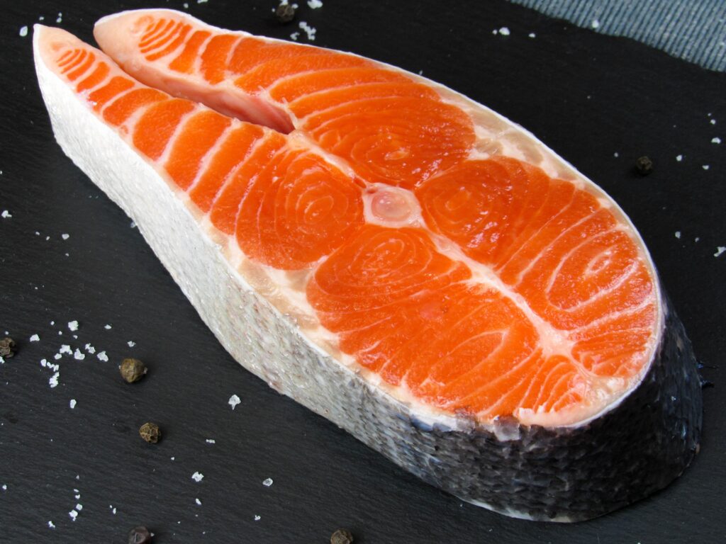 a close up of a piece of salmon, a fish enjoyed for the health benefits of salmon