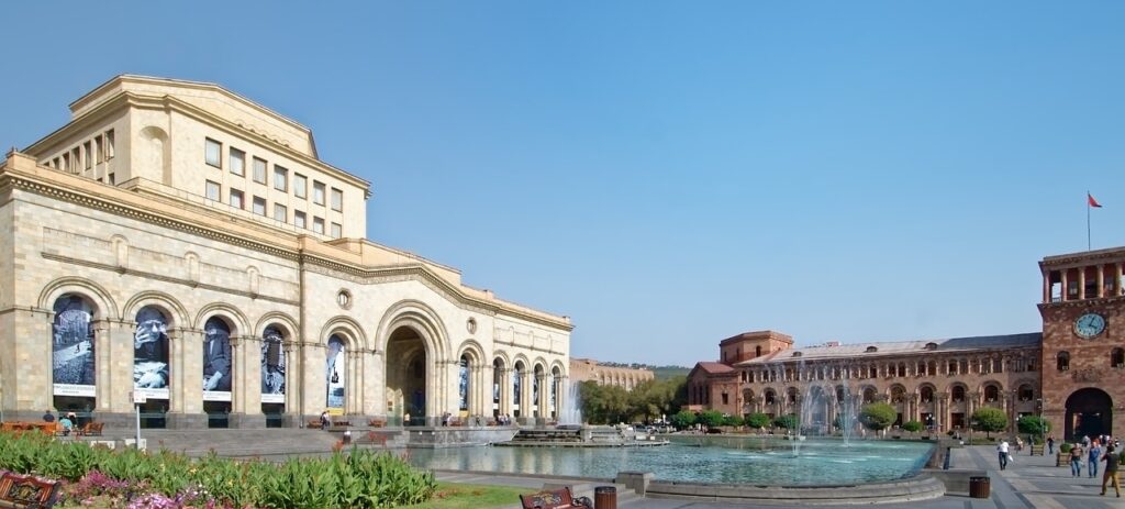 Republic Square in Yerevan Armenia is a must-see for history-lovers with its ancient buildings surrounding a fountain.
