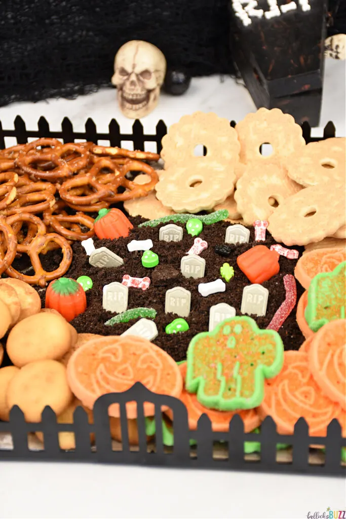 A closeup of the frosting dip on the Halloween Frosting Board