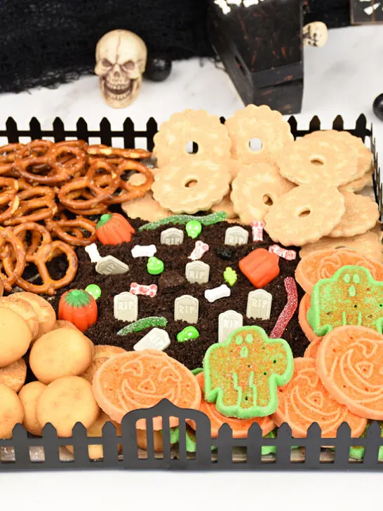 Overhead picture of finished Halloween Graveyard Frosting Board
