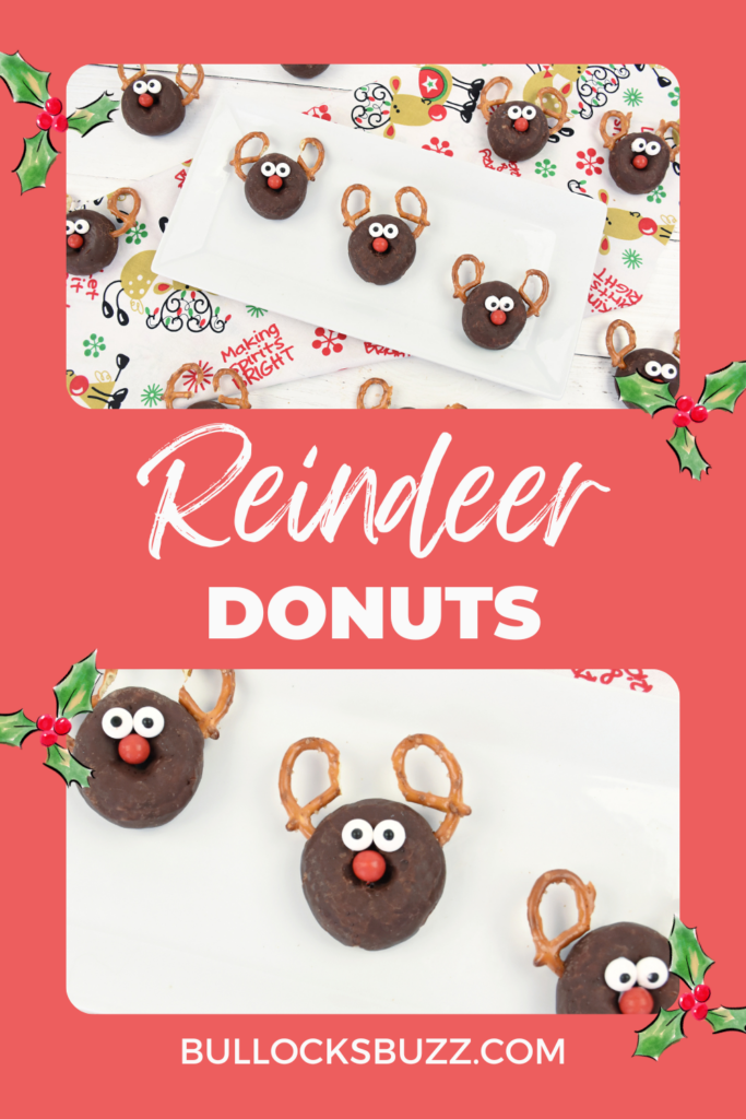 Reindeer Donuts holiday treats made from mini chocolate donuts with pretzel antlers, candy eyes, and a red candy nose.