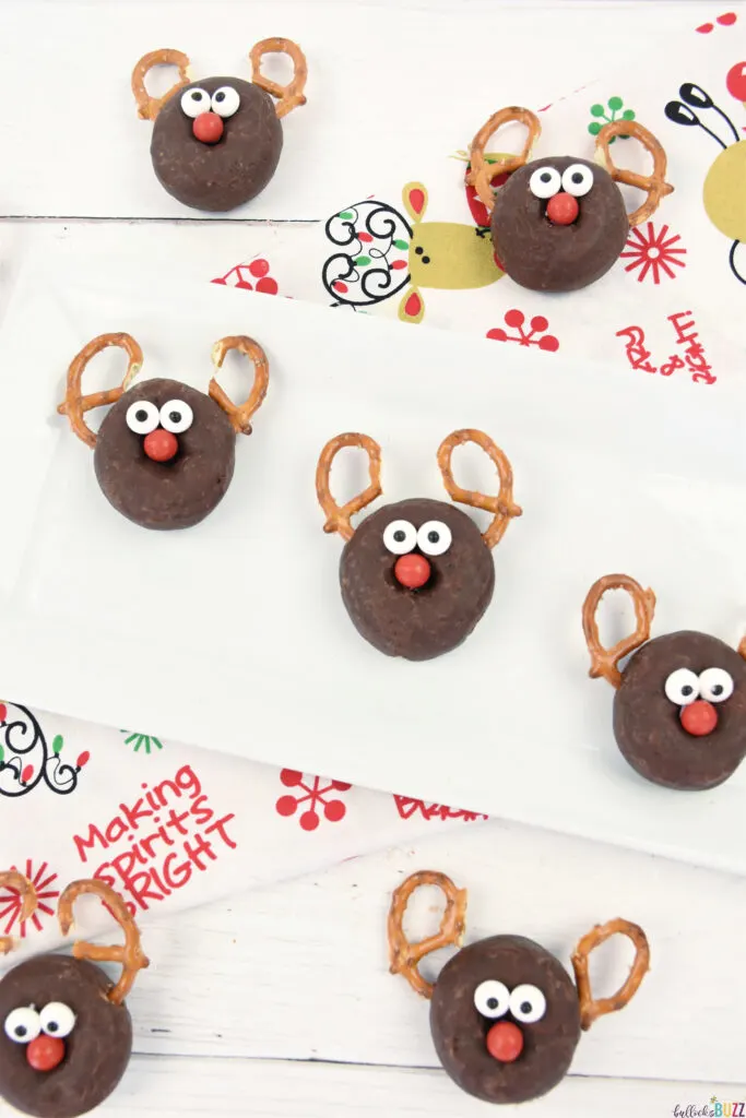 Close up image of three Reindeer Donut snacks on a white plate