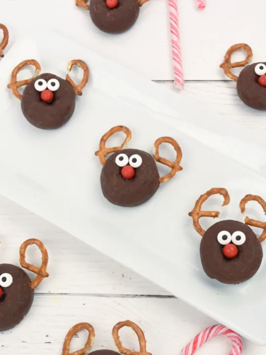 Rows of Reindeer Donut snack s on a white background with candy canes surrounding them