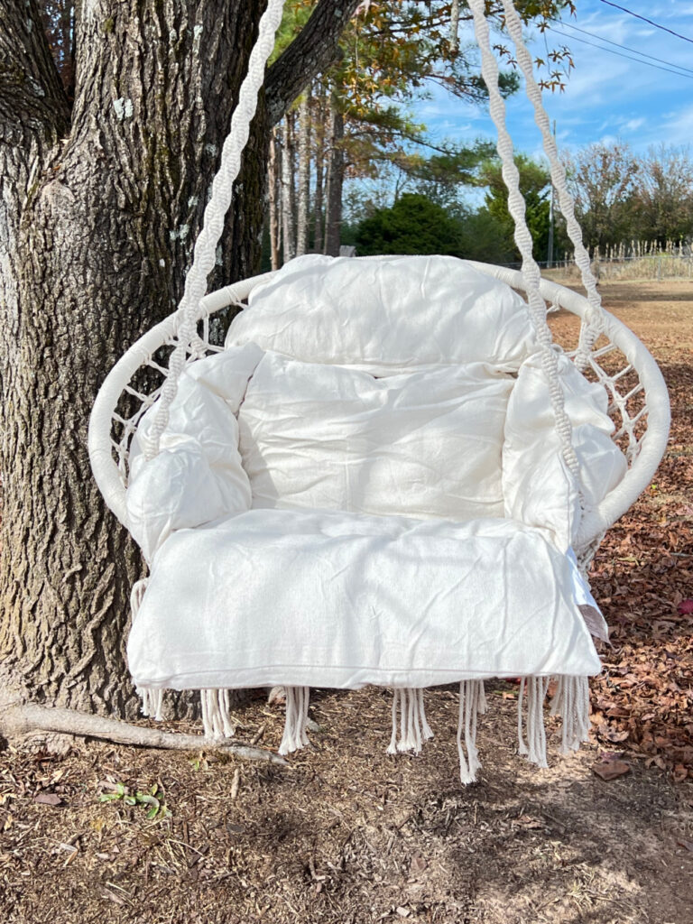 Close up of the chair hanging from tree limb