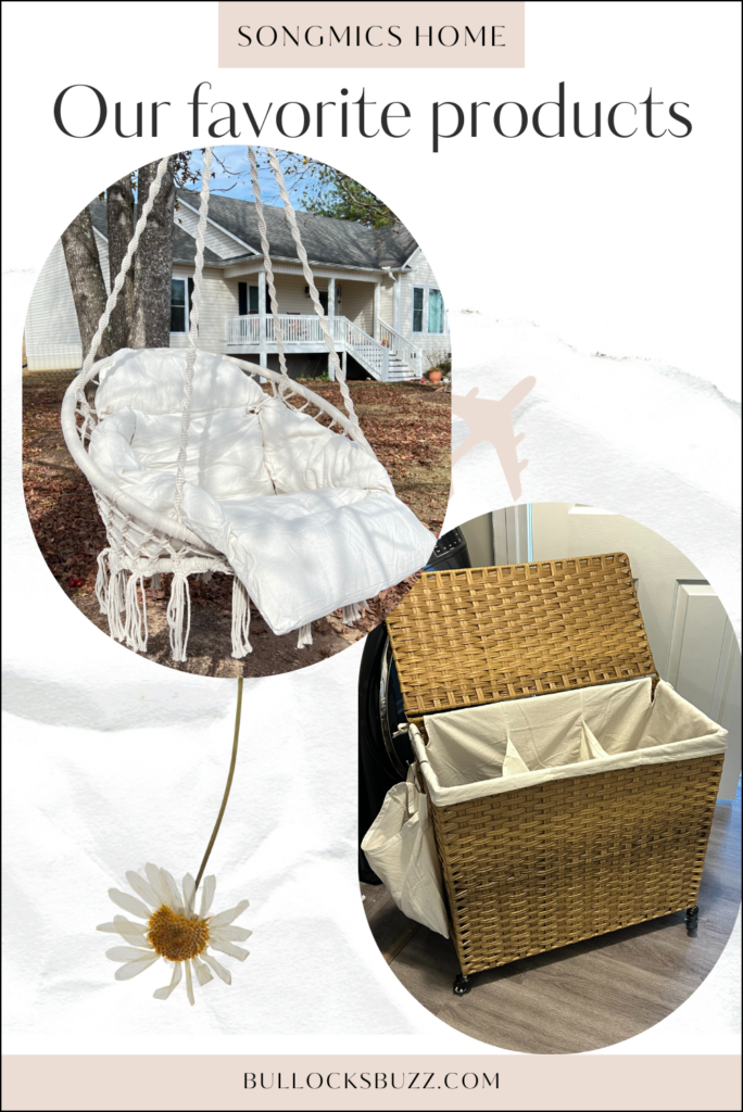 Songmics Home products including a hanging boho-style chair and a rolling laundry hamper with lid and three compartments