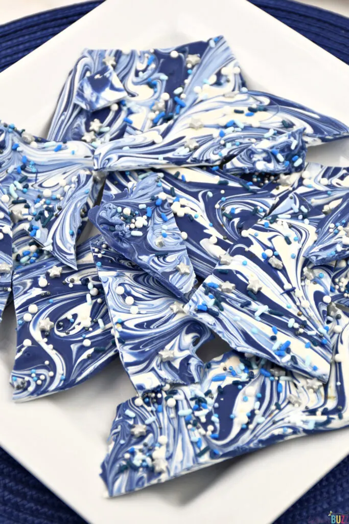 Close view of Hanukkah Bark Candy with blue and silver sprinkles