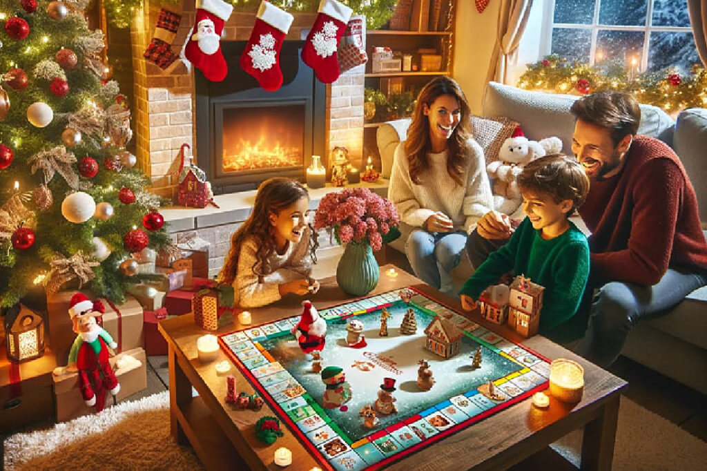 An image of a cheerful family gathered in their  family room decorated for the holidays, sitting around a table playing a classic game for holiday game time.