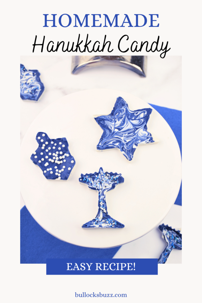 Finished Hanukkah Candy in Star of David, Dreidel, and Menorah Shapes on White Plate with Blue Napkins