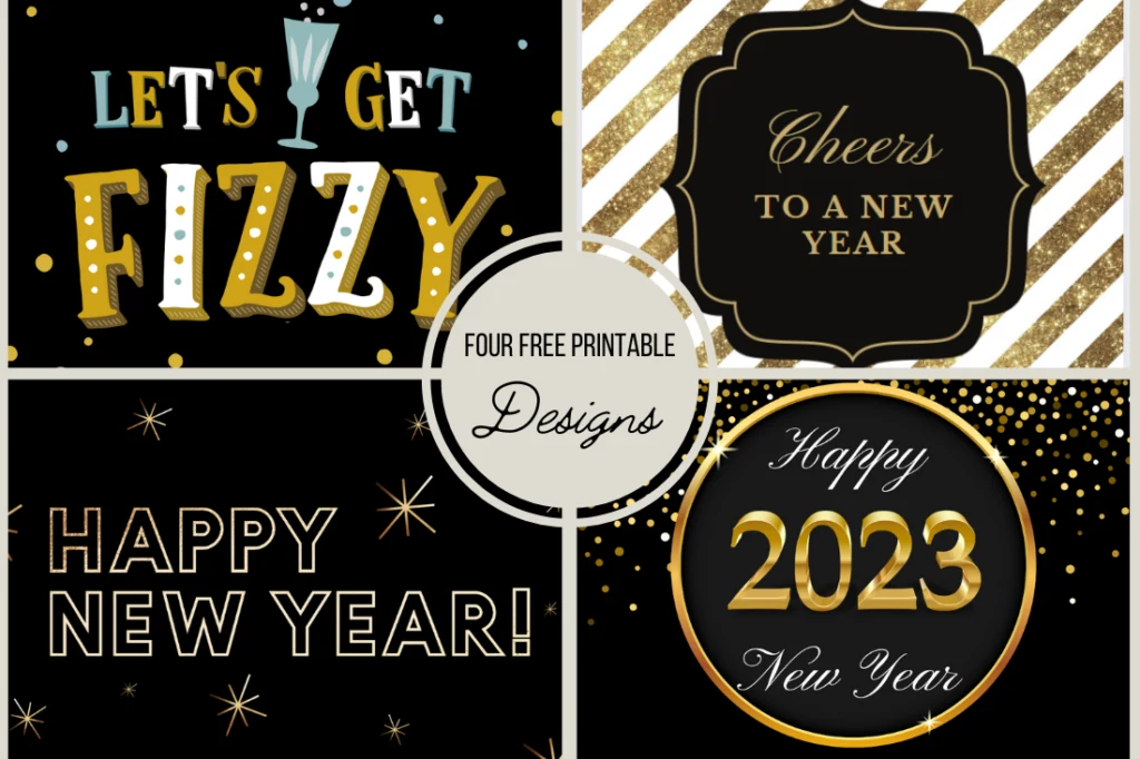A collage showing all 4 free printable new year's eve wine bottle labels