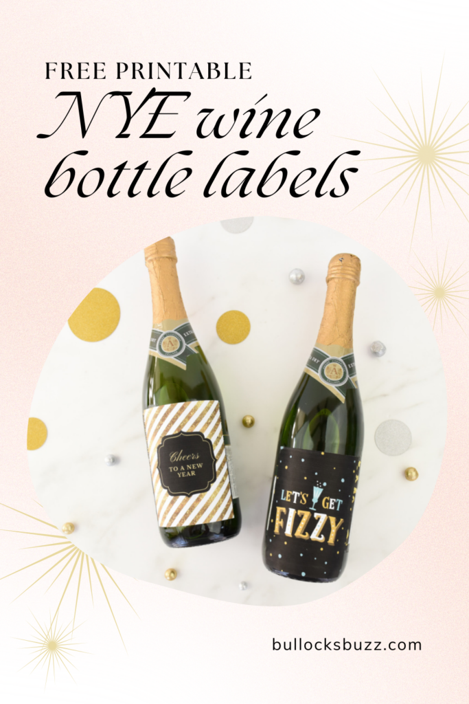 Two bottles of champagne with two of the free New Year's Eve printable wine bottle labels on them