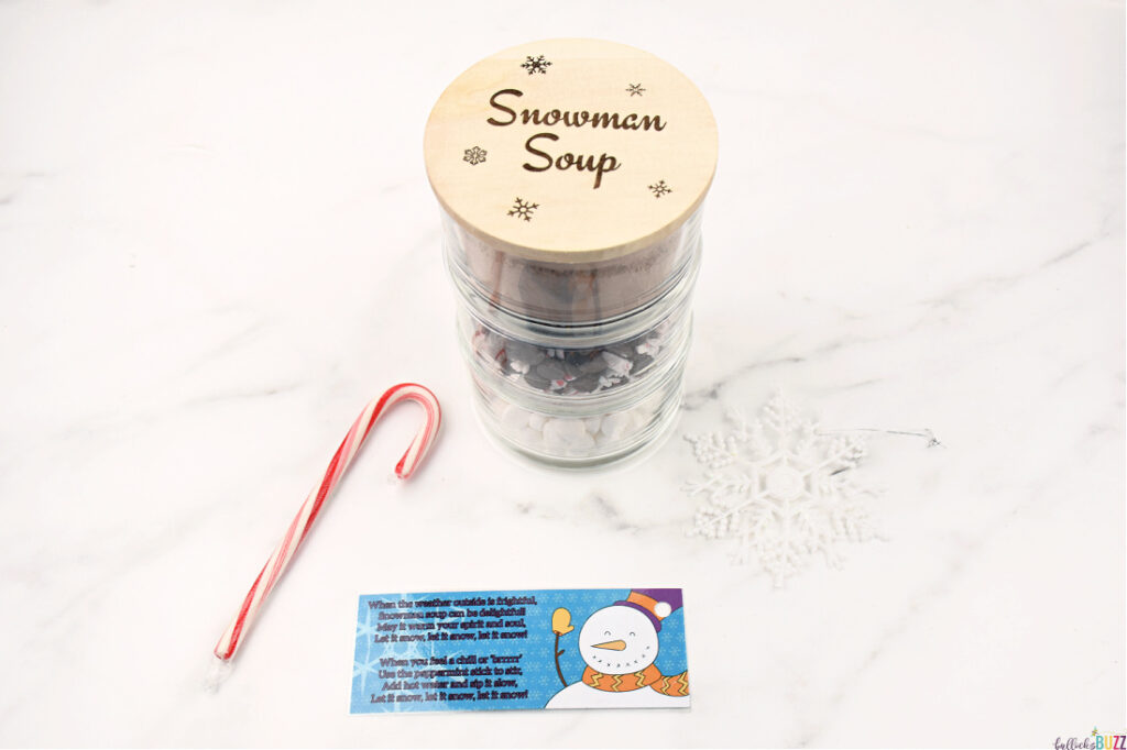 Snowman Soup Poem, candy cane and the stacked jars with the laser-engraved lid on.