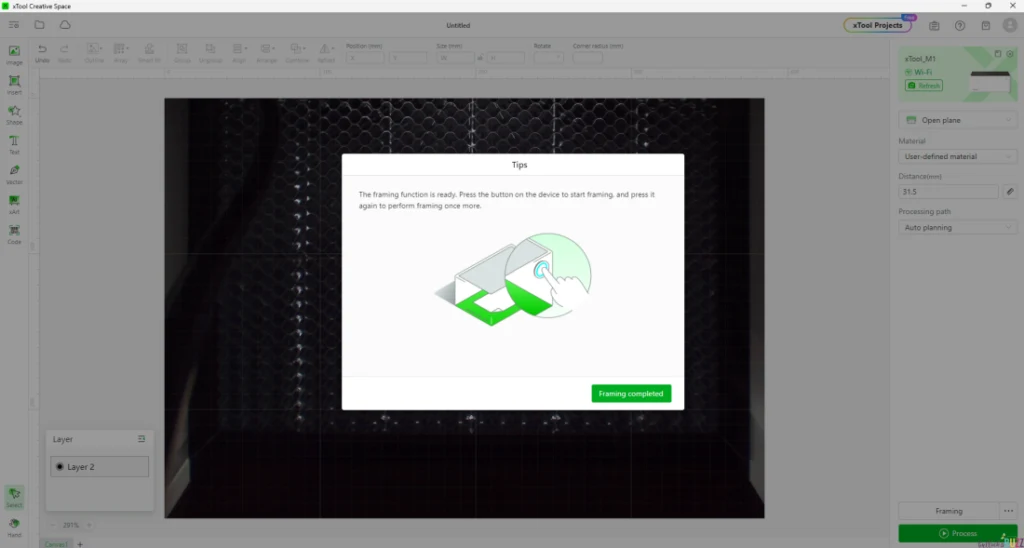 screenshot of xTool Creative Space software ready to frame the object for laser engraving